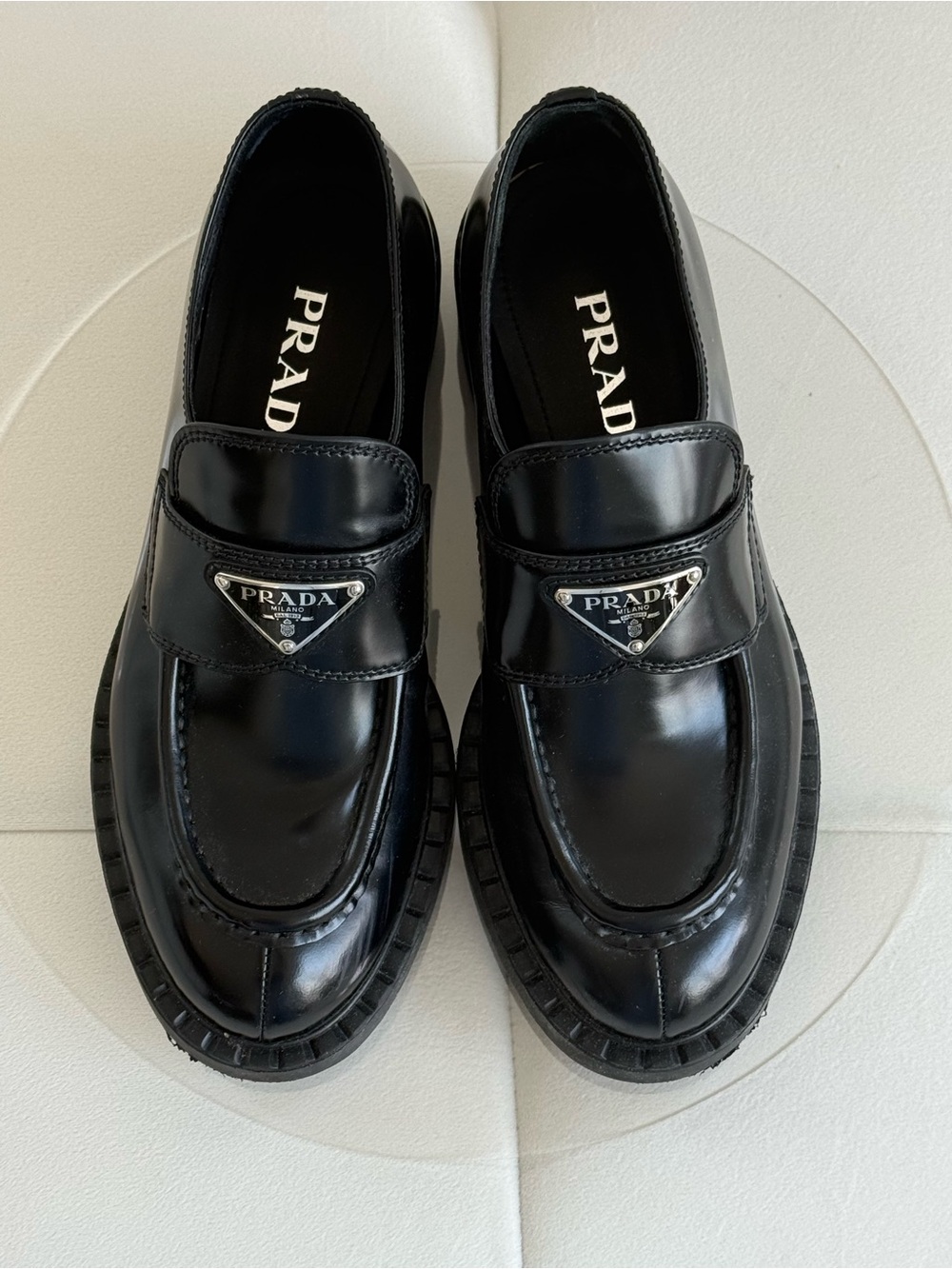 Prada Black Leather Platform Loafers Triangle Logo Women Shoes EU 37 $1270 store